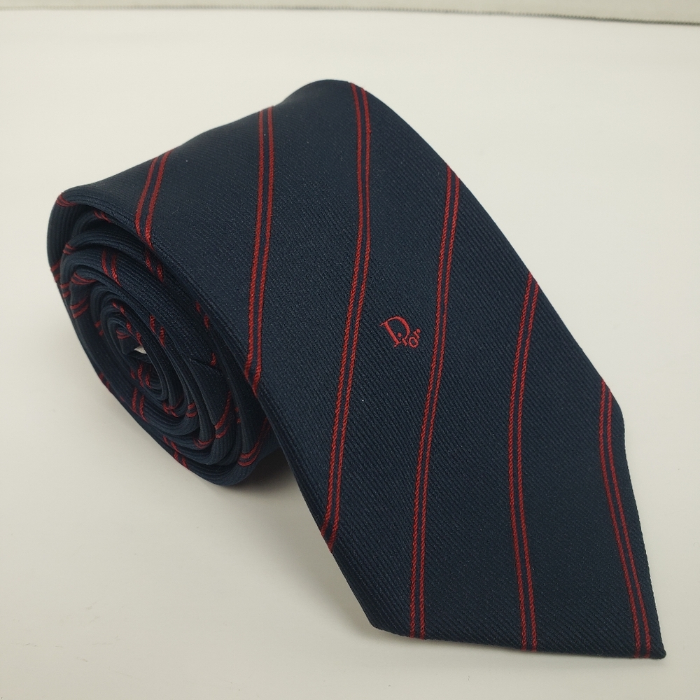 Christian Dior Striped Textured Navy Blue Red Tie